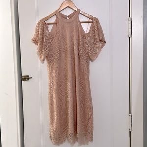 Cute Pink Lace Halter Neck and Open shoulder mini Dress,Francesca size M